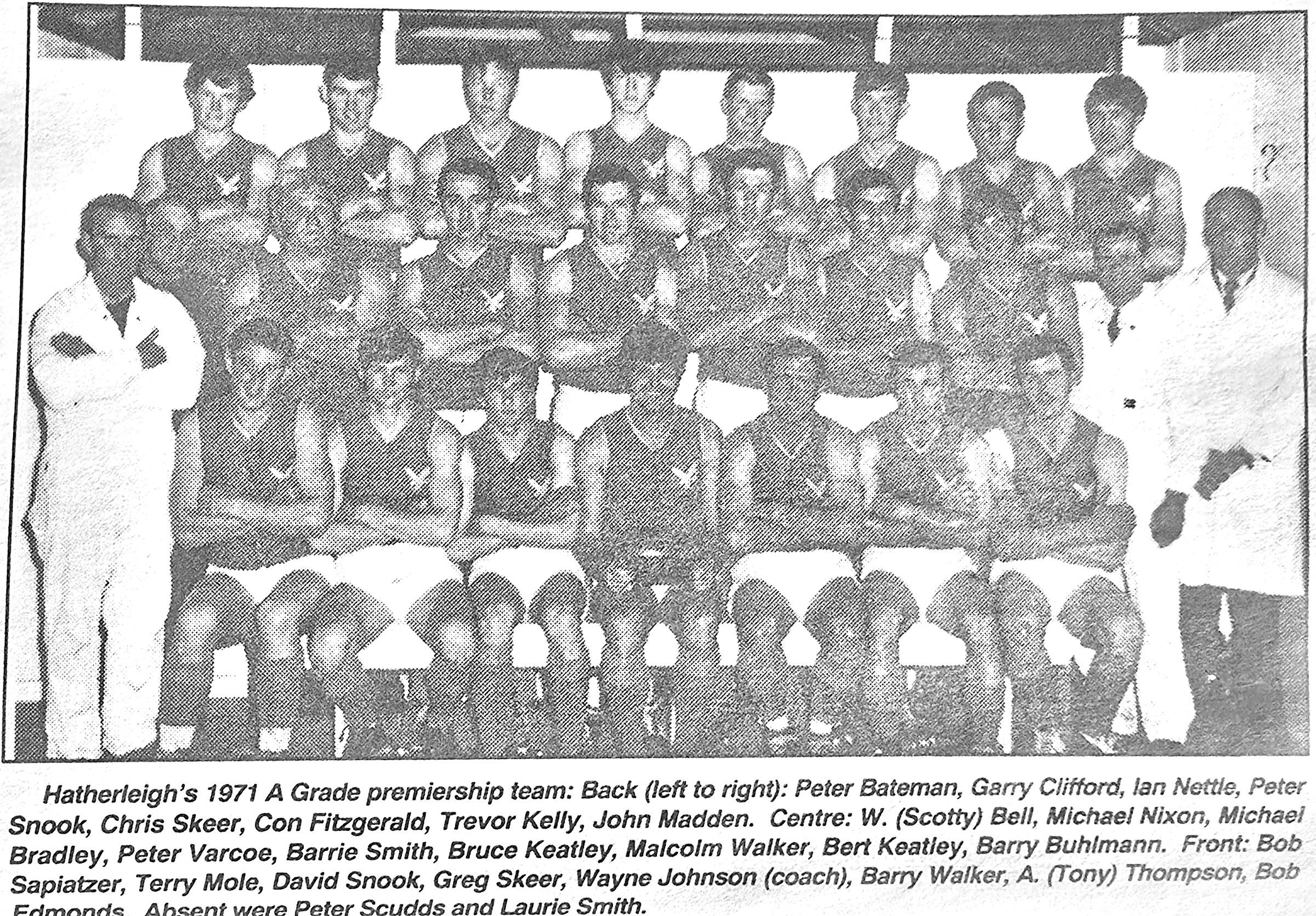 Hatherleigh's 1971 A Grade premiership team with the original newspaper caption naming the players