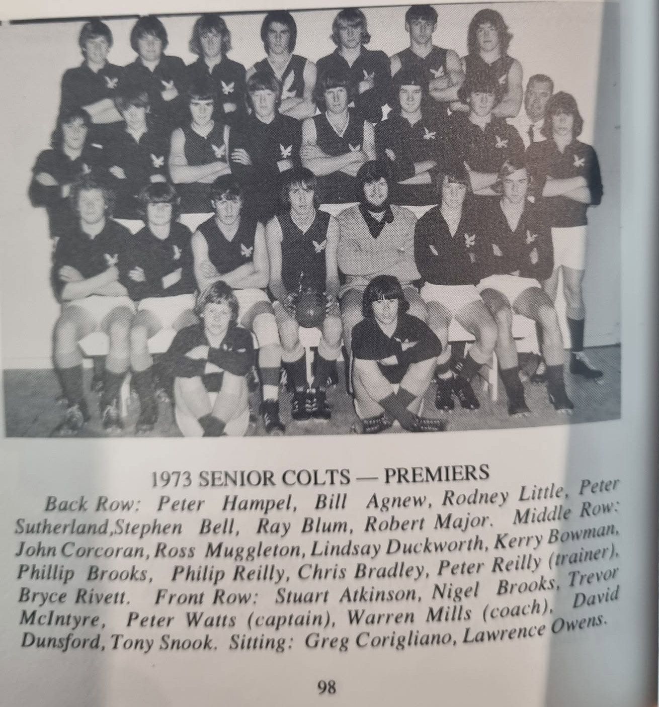 Club history book page 98: 1973 Senior Colts — Premiers, team photo and names