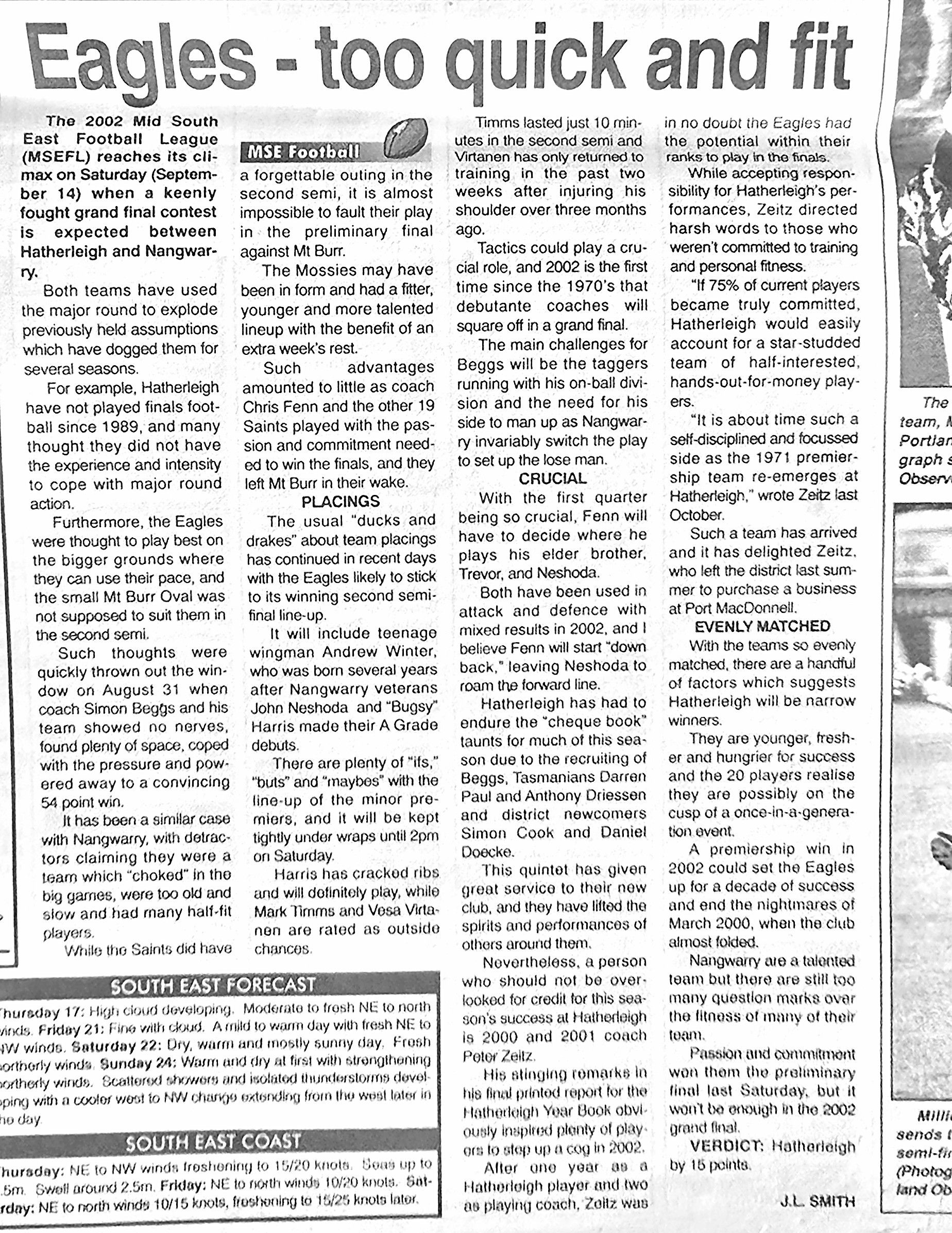 'Eagles — too quick and fit', 2002 A Grade grand final preview by J.L. Smith