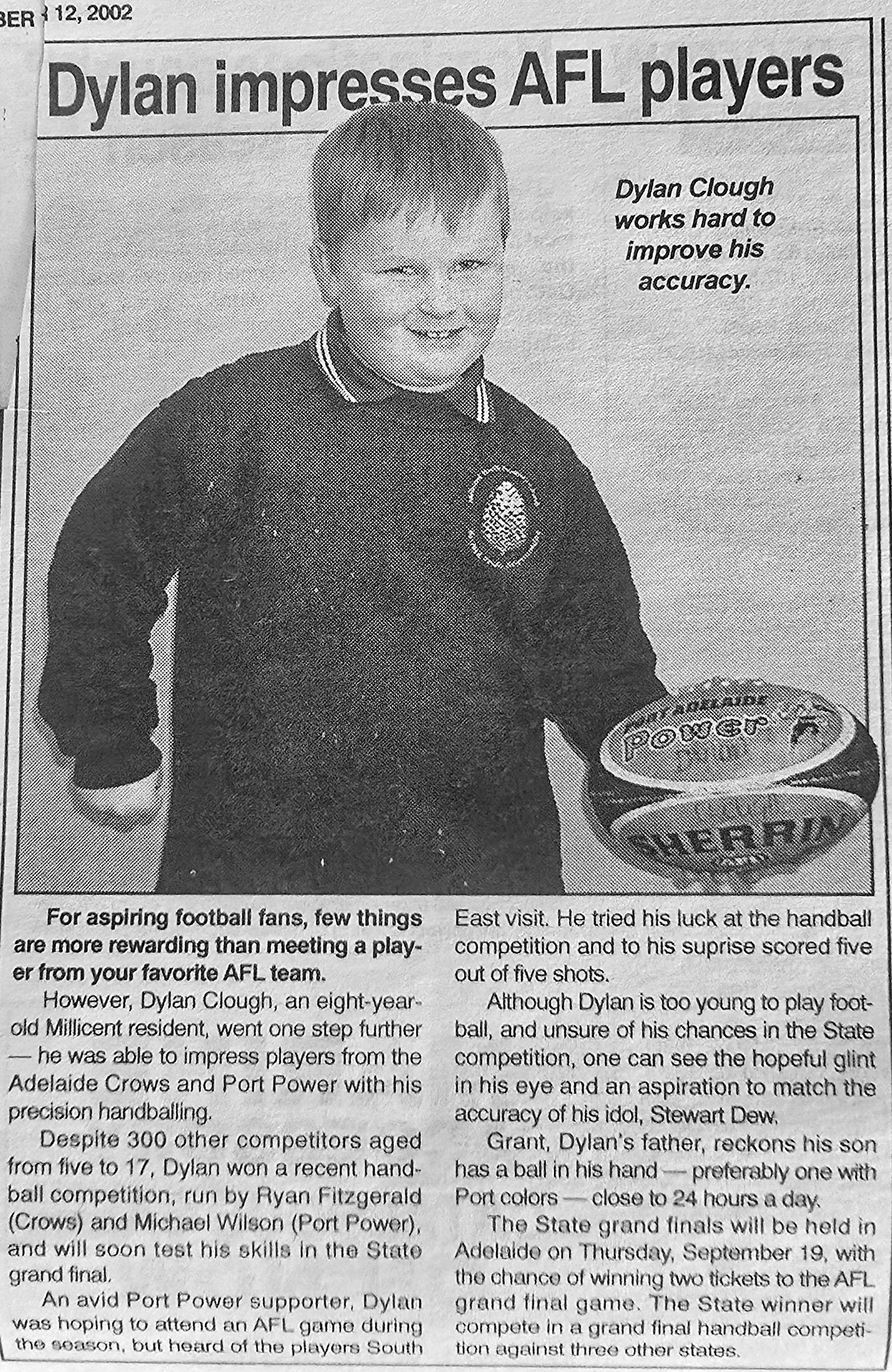 'Dylan impresses AFL players' — The South Eastern Times, 12 September 2002