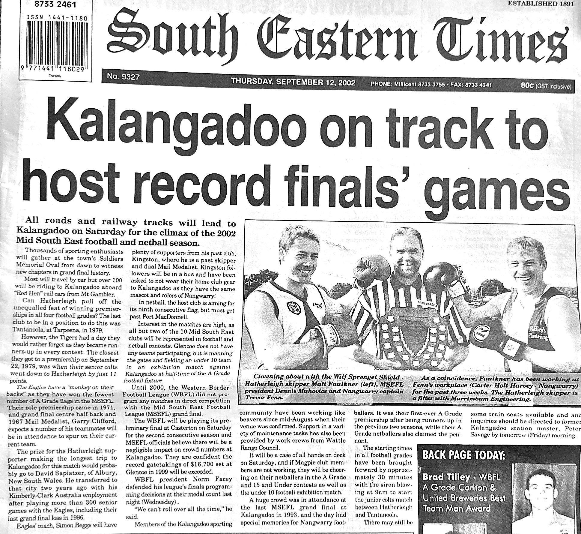 Front page of The South Eastern Times, Thursday 12 September 2002: 'Kalangadoo on track to host record finals' games'