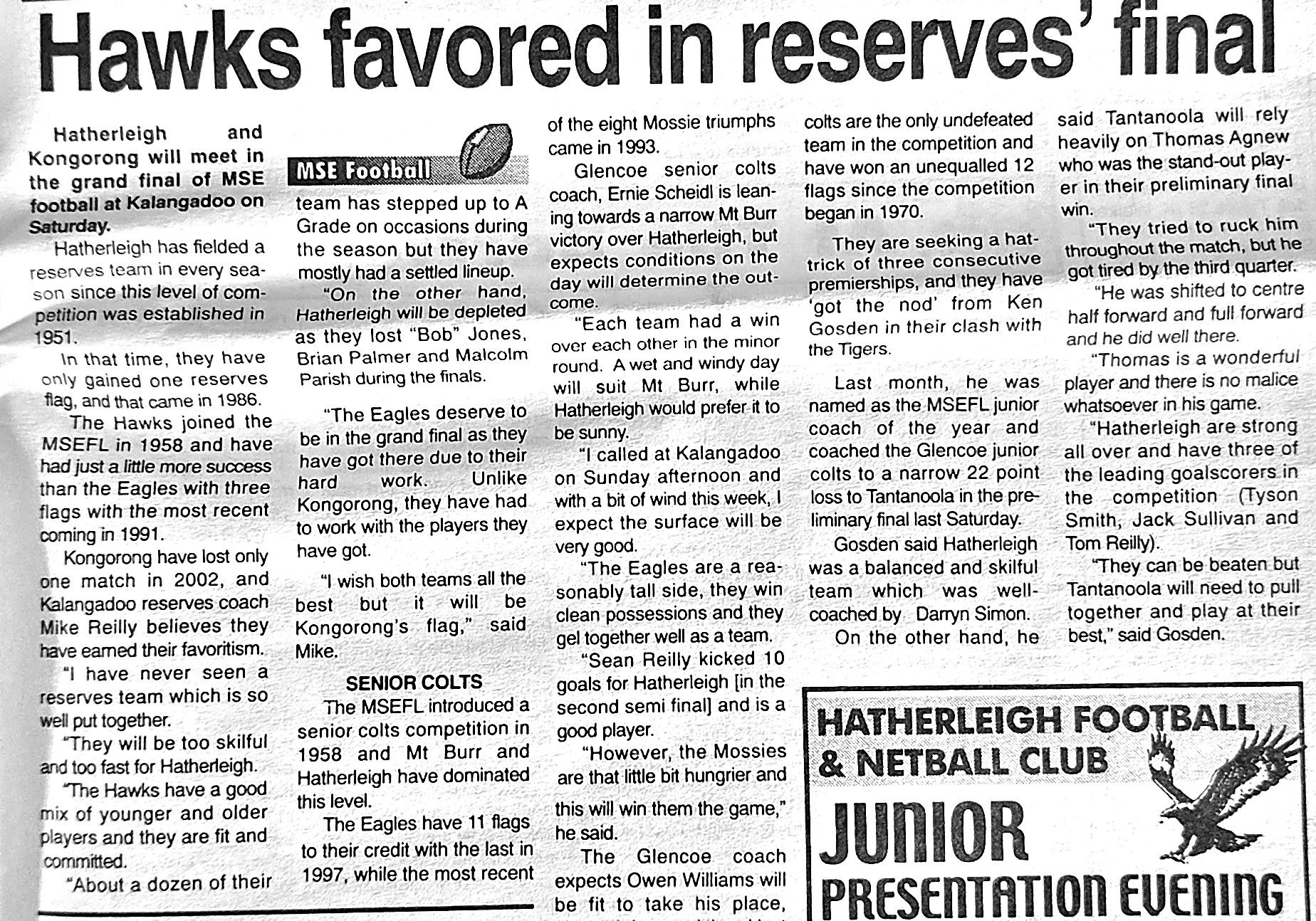 'Hawks favored in reserves' final' — The South Eastern Times, 12 September 2002