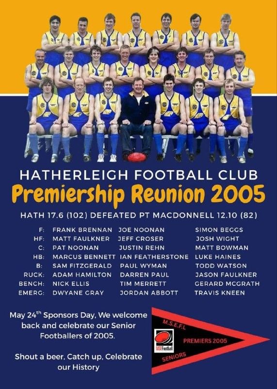 Hatherleigh Football Club Premiership Reunion 2005 poster with the team photo and grand final team list