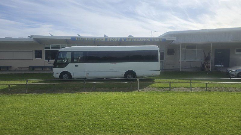 The Eagles Express parked in front of the Hatherleigh Sport & Recreation Club
