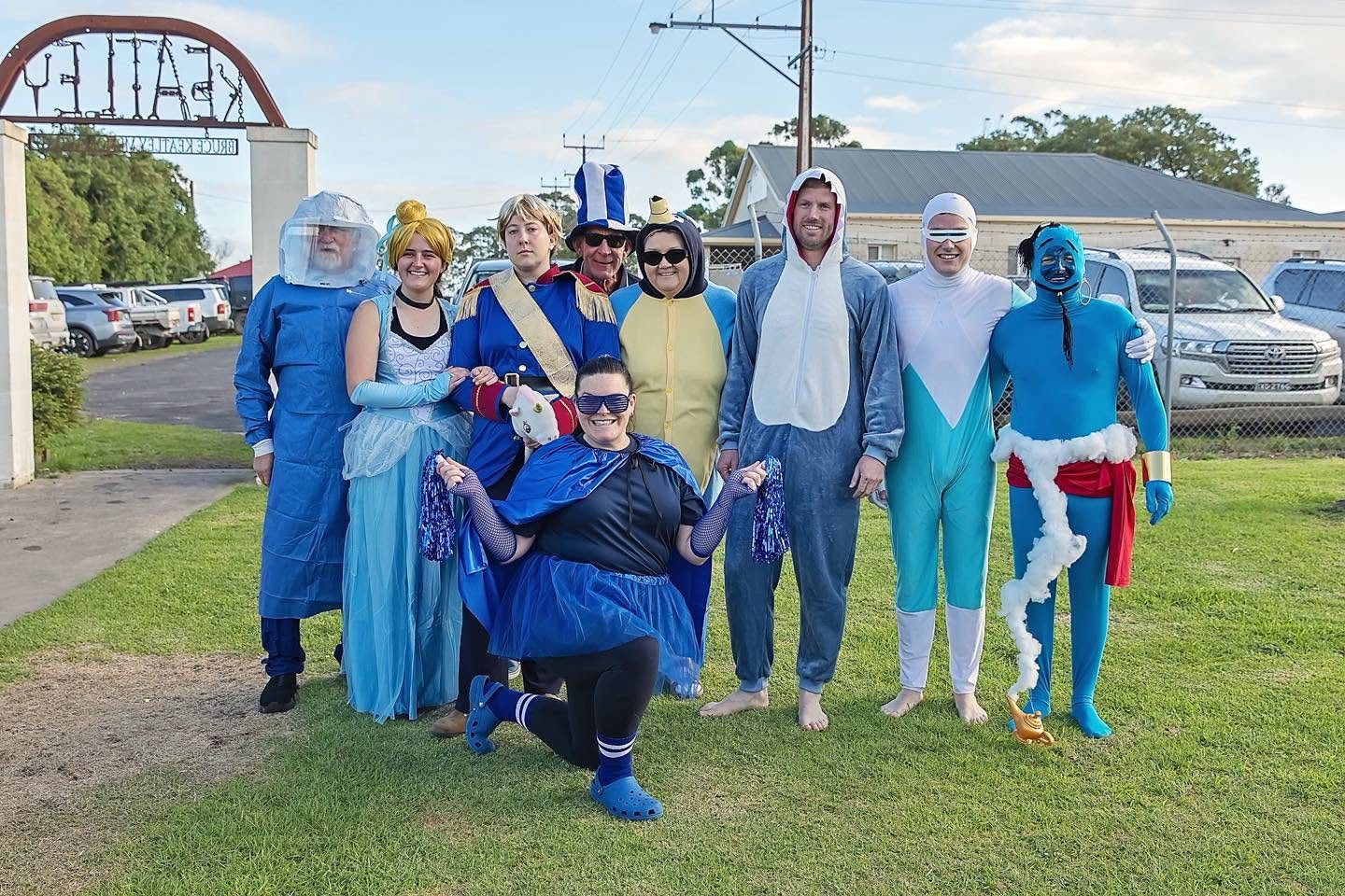 The Hatherleigh Big Freeze crew in blue costumes before the ice-bucket dunk