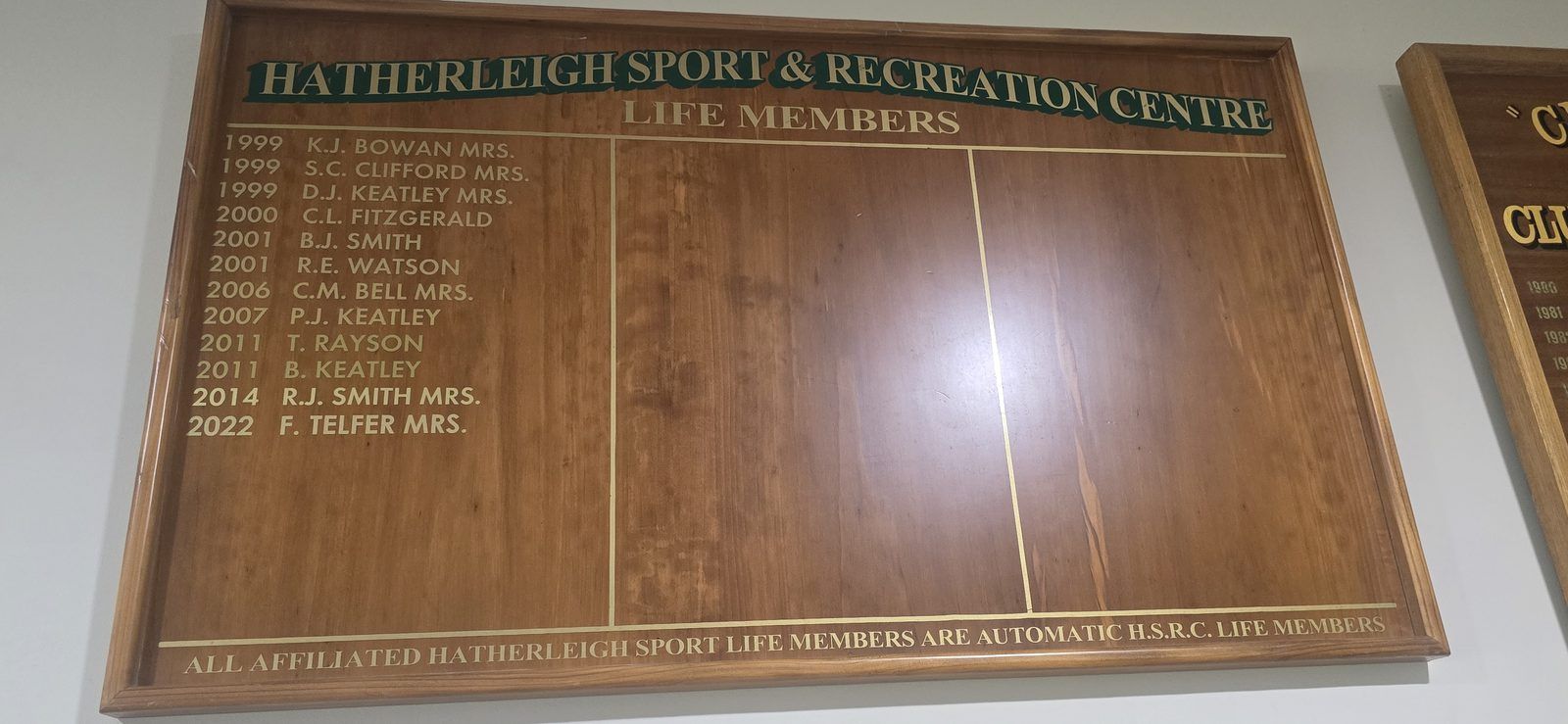 Hatherleigh Sport & Recreation Centre Life Members honour board