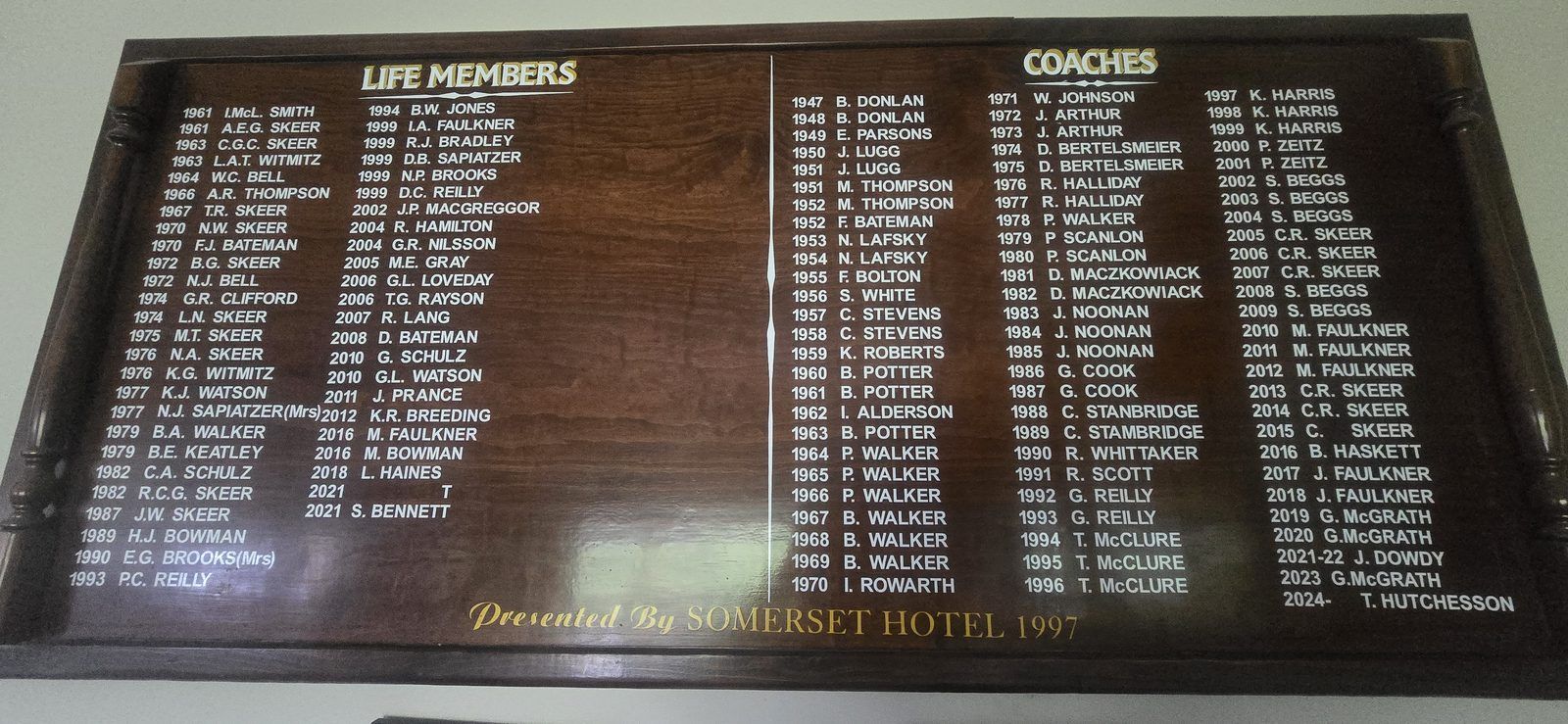 Hatherleigh Football Club honour board: Life Members and Coaches — presented by Somerset Hotel 1997