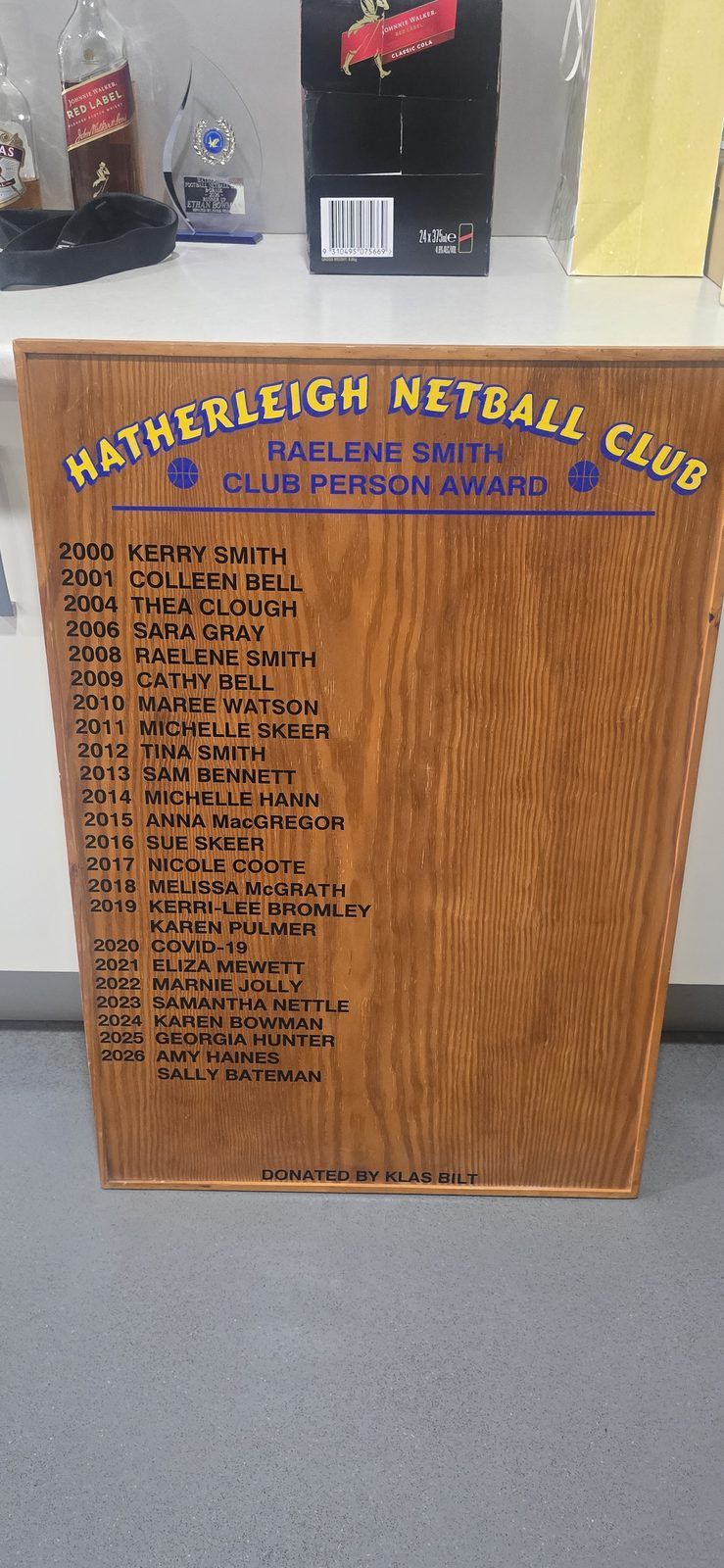 Hatherleigh Netball Club — Raelene Smith Club Person Award honour board — donated by Klas Bilt