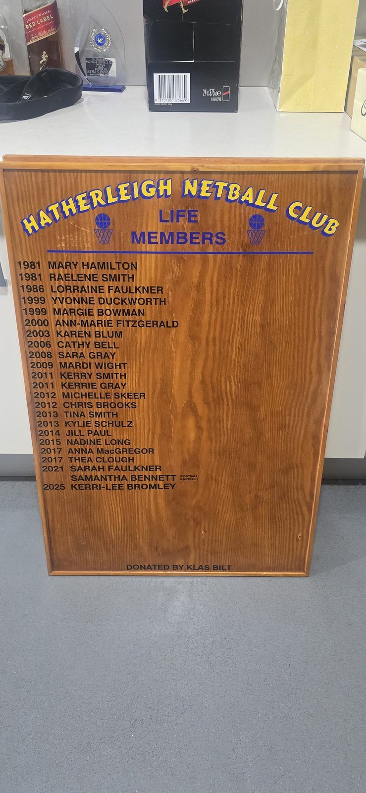 Hatherleigh Netball Club Life Members honour board — donated by Klas Bilt