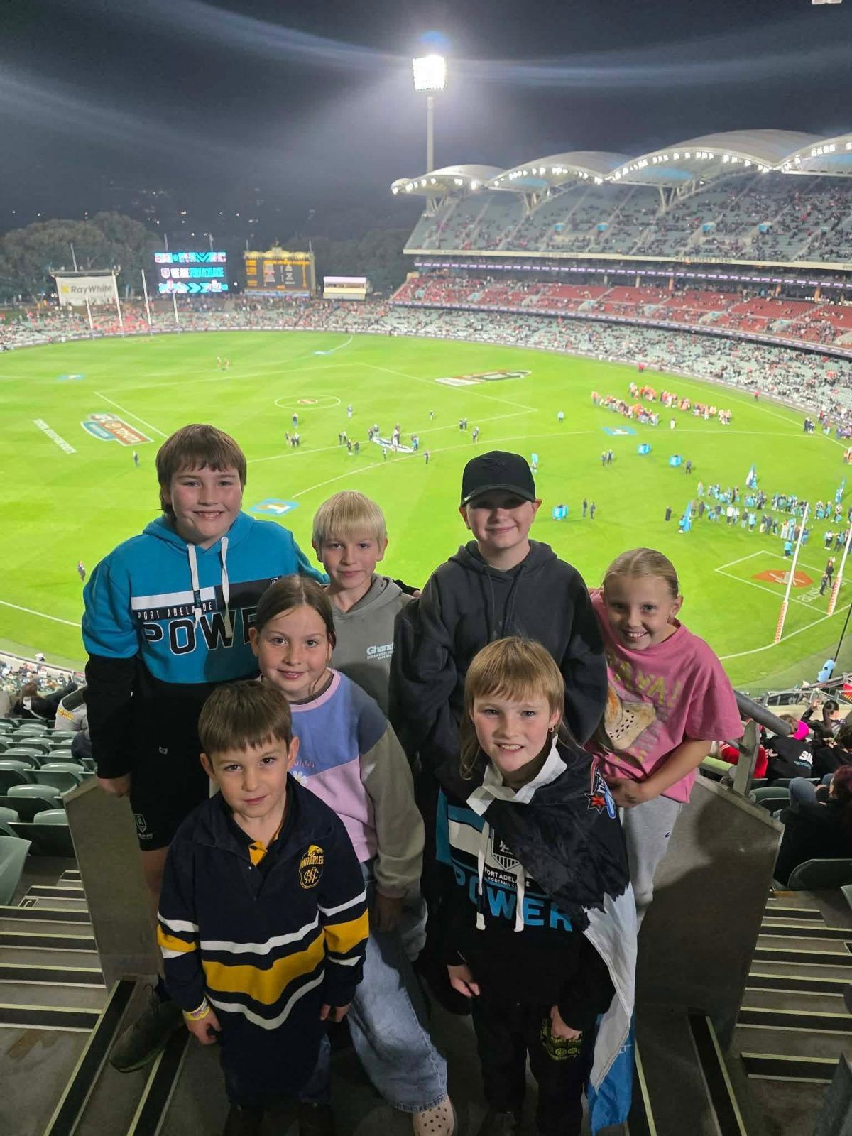 Hatherleigh kids in the stands at Adelaide Oval on Port Adelaide v Sydney night, 2026