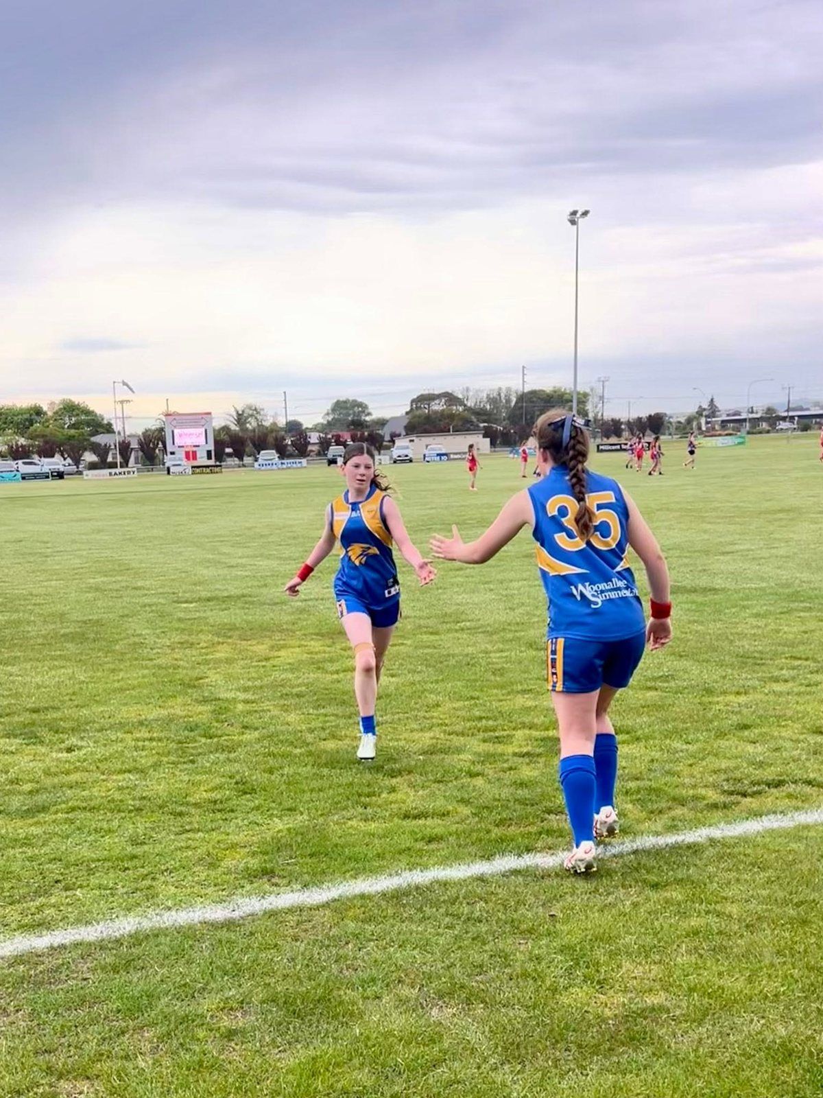 Hatherleigh teammates high-five on the boundary