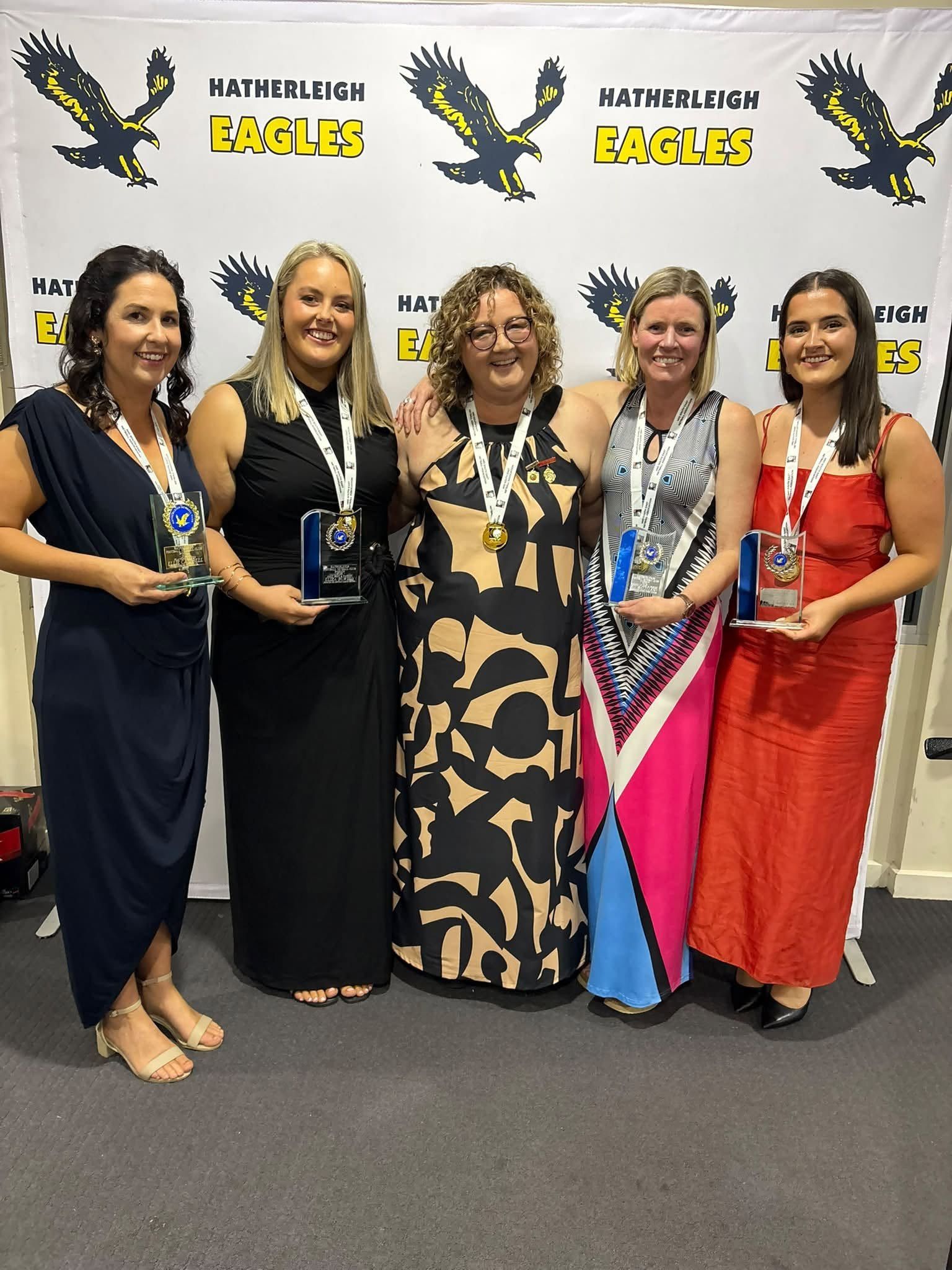 2026 Hatherleigh B Grade netball award winners with their trophies and medals