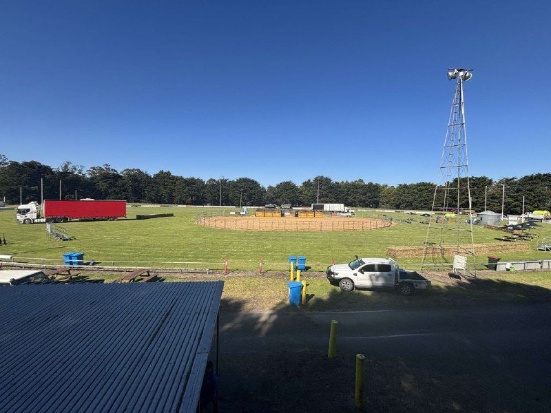 The Hatherleigh oval ready for rodeo day, with the arena, stage truck and lighting tower in place
