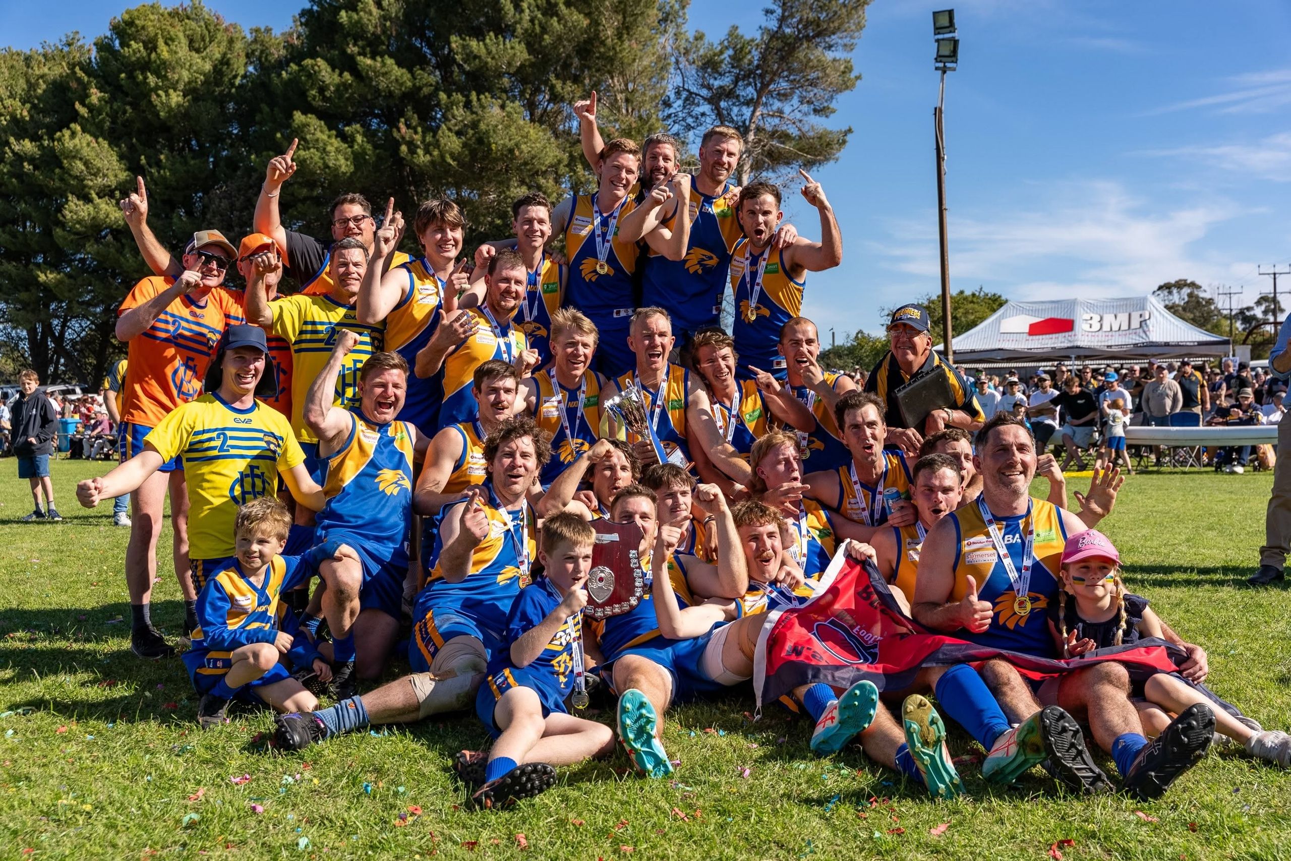 Hatherleigh B Grade players, juniors and supporters celebrate the 2026 premiership