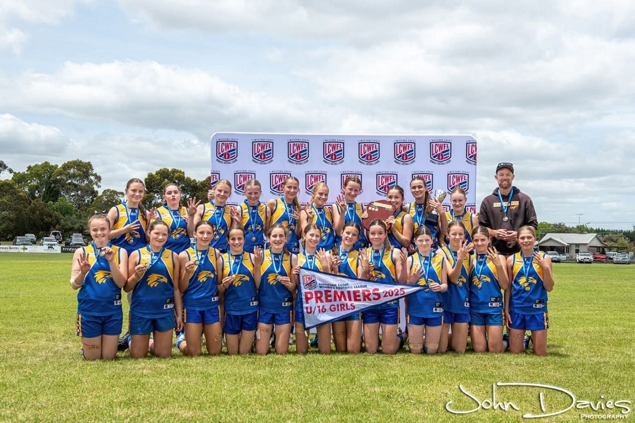 Hatherleigh U16 Girls with the 2025 Limestone Coast Women's Football League premiership pennant and shield