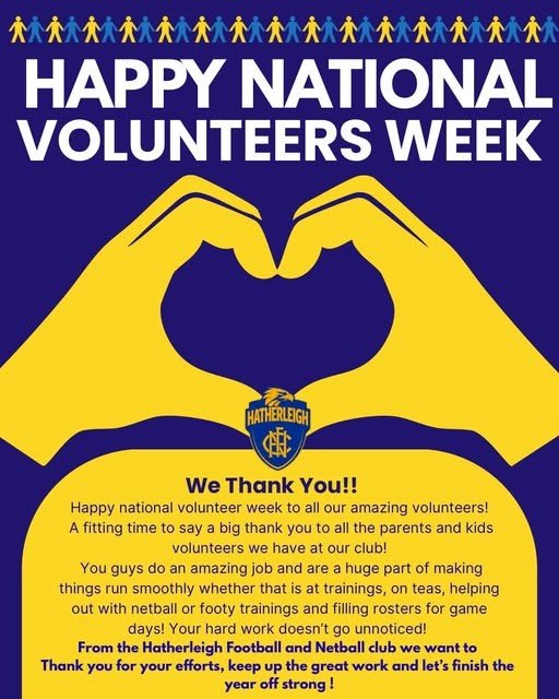 Happy National Volunteers Week: two hands forming a heart around the Hatherleigh logo, with the club's thank-you message