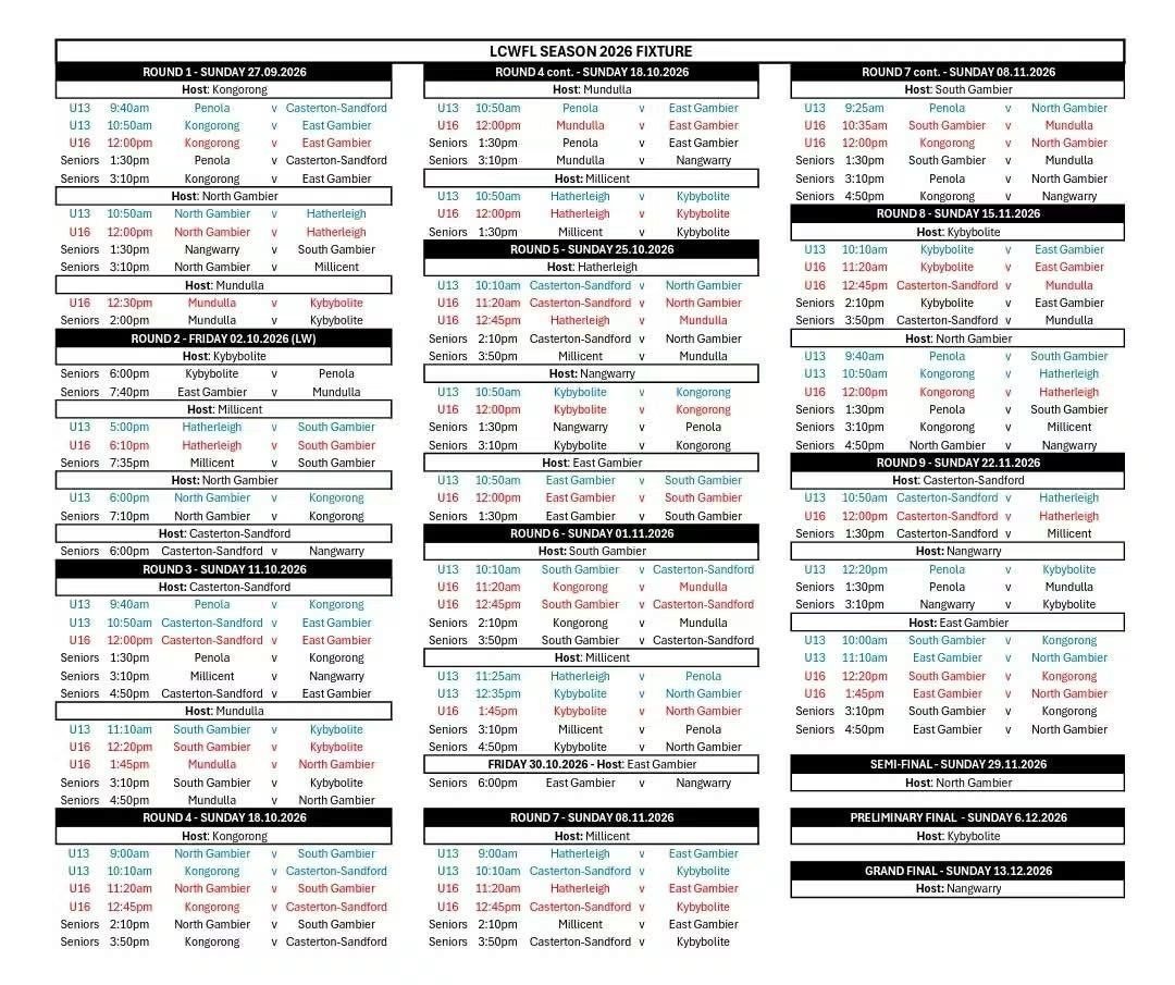 LCWFL Season 2026 fixture: U13, U16 and Seniors draw, Rounds 1 to 9 and finals