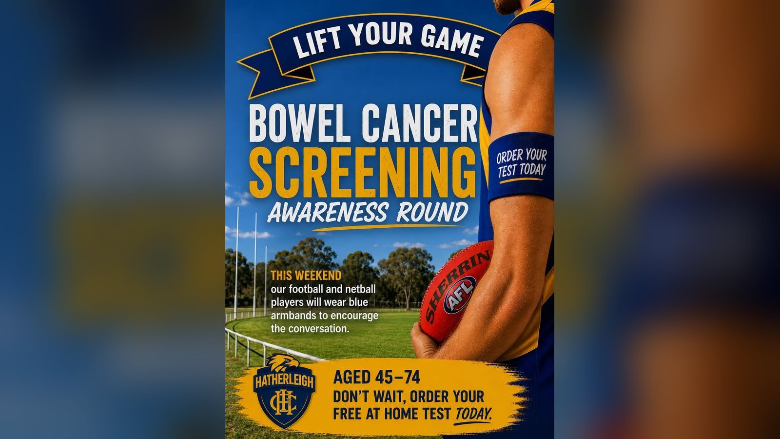 Hatherleigh Lift Your Game bowel cancer screening awareness round poster
