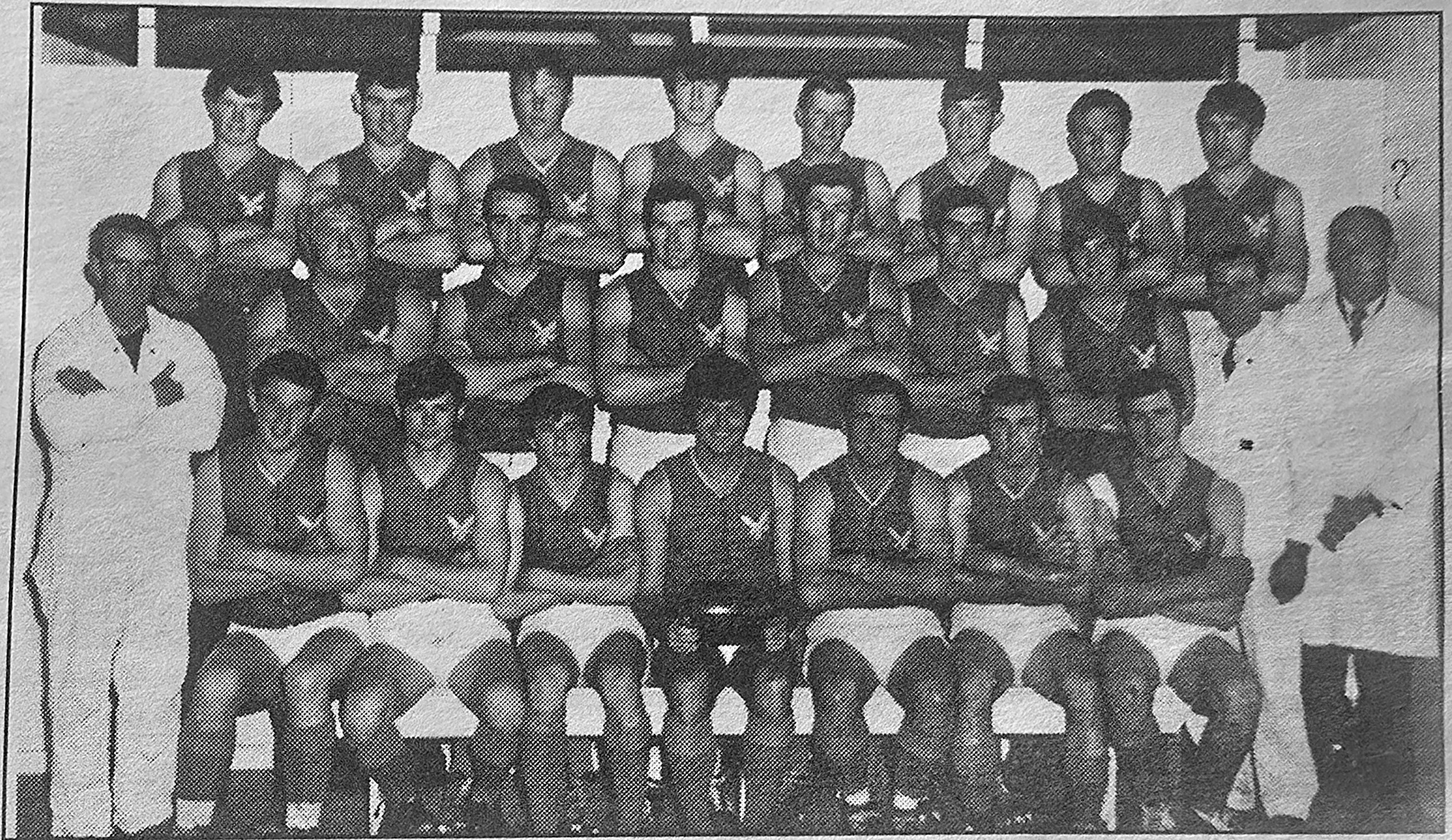 Hatherleigh's 1971 A Grade premiership team, three rows in the club's jumpers with officials standing at each end