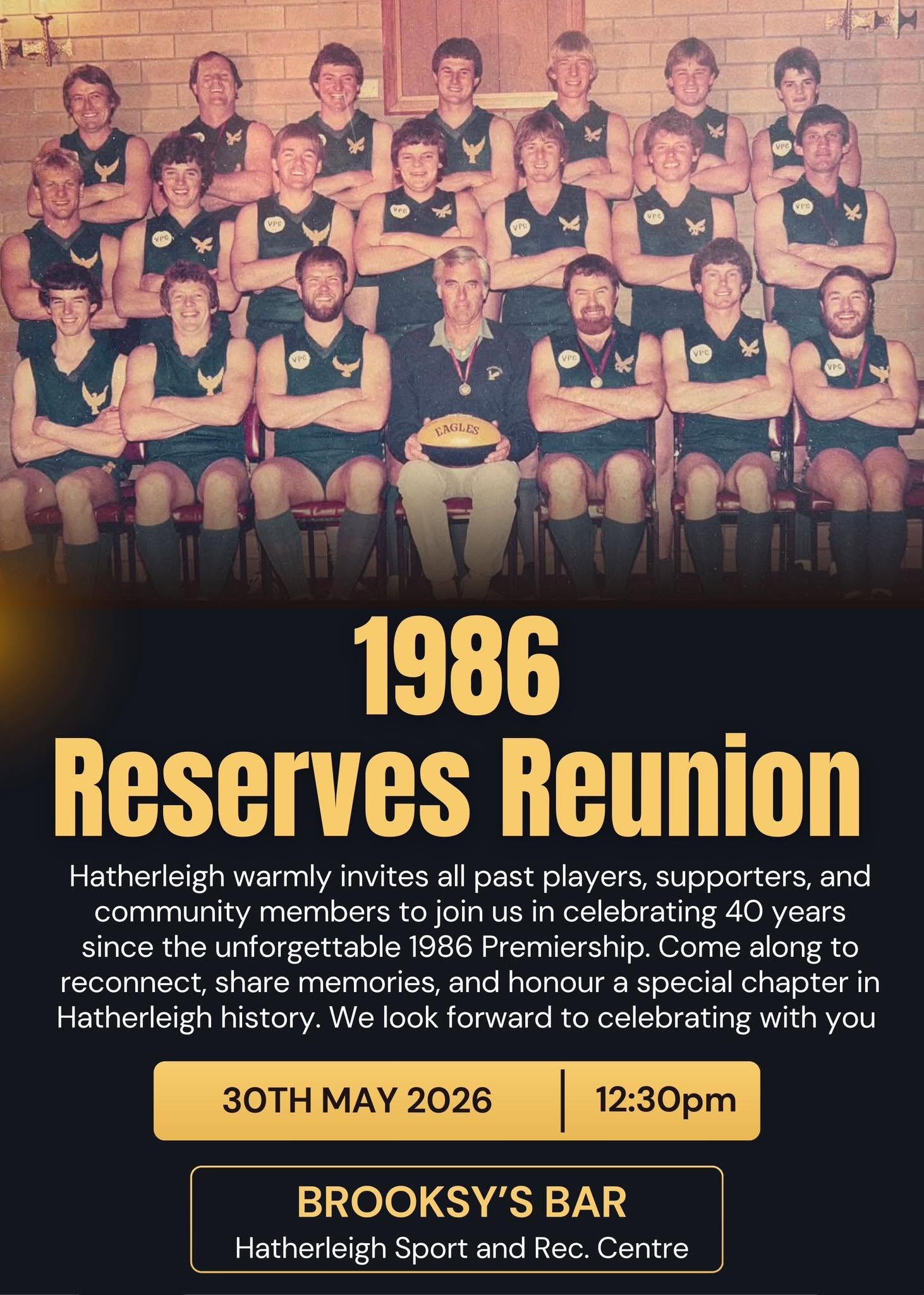 1986 Reserves Reunion poster — 30 May 2026, 12:30pm, Brooksy's Bar